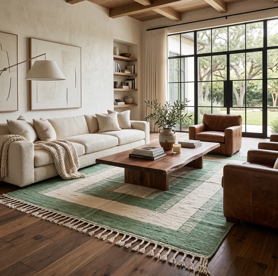 Kilim berbère Akka vert et crème, vue 3 sur 4