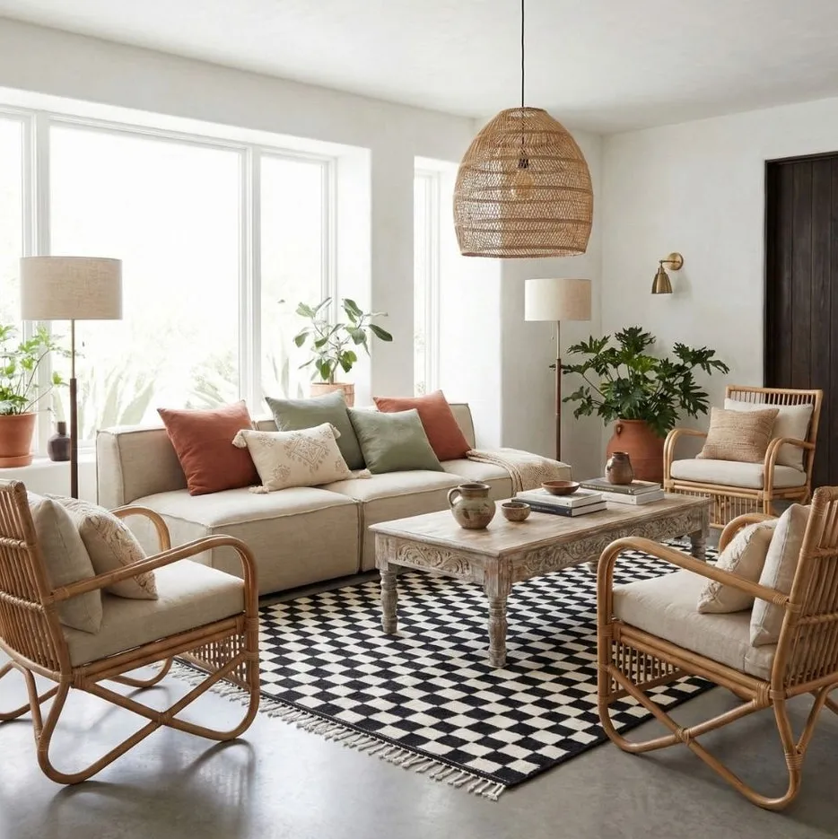 Kilim berbère Anergui beige et noir à damier, vue 6 sur 7