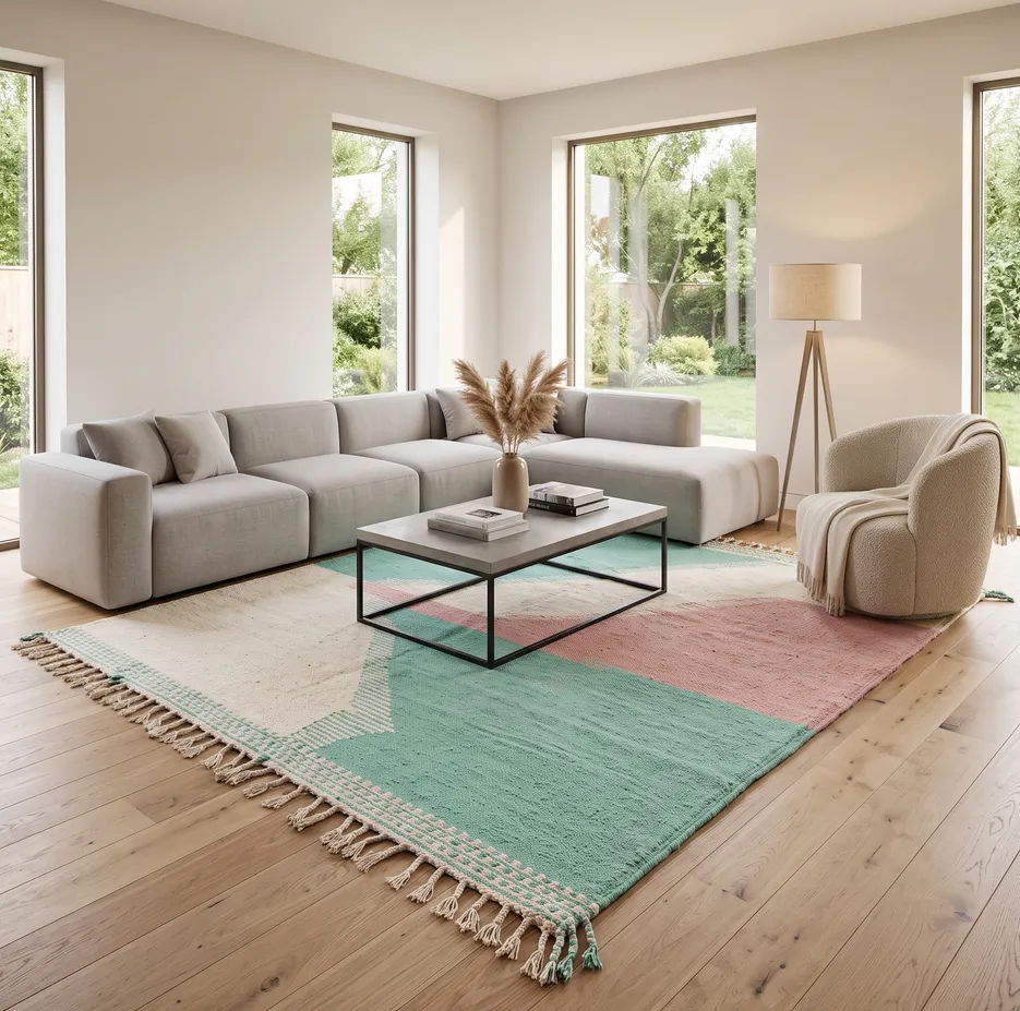 Kilim berbère Nkob vert et rose, vue 4 sur 4