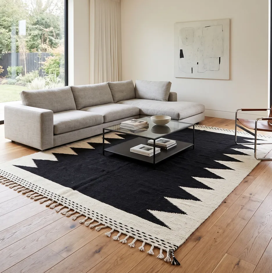 Kilim berbère Oukaïmeden noir et blanc aux motifs géométriques, vue 3 sur 4