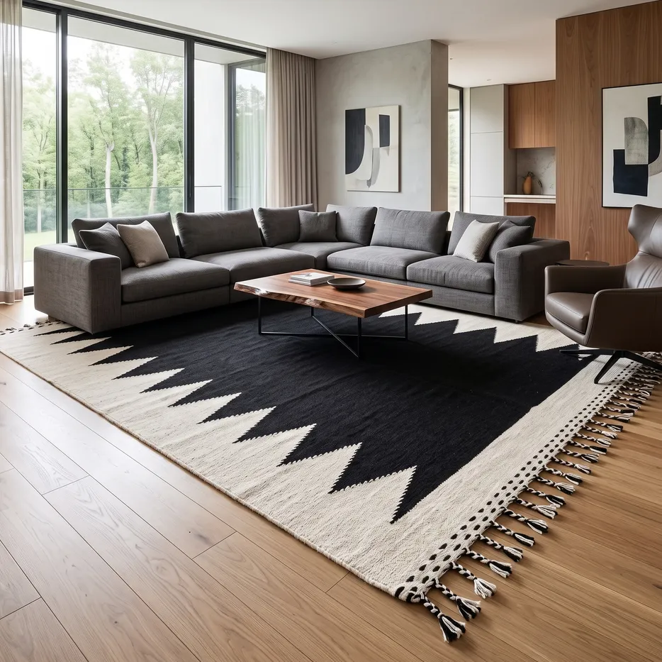 Kilim berbère Oukaïmeden noir et blanc aux motifs géométriques, vue 4 sur 4