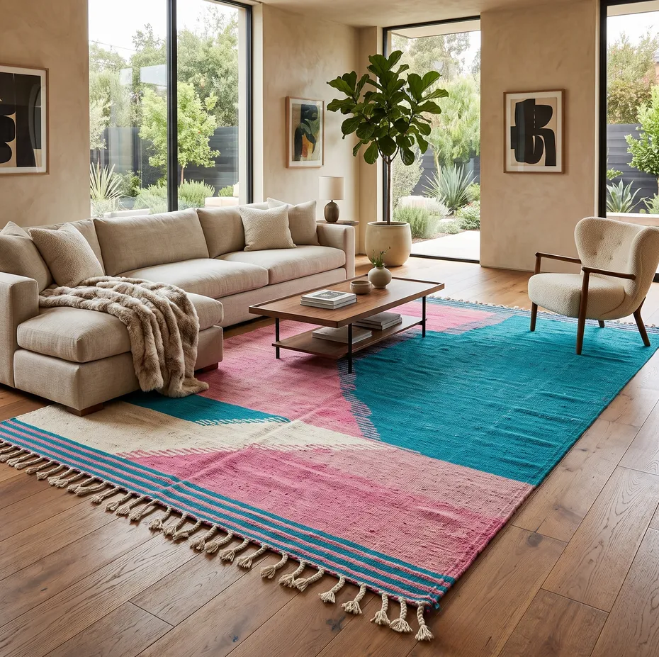 Kilim berbère Tahanaout rose et bleu aux motifs géométriques, vue 3 sur 4