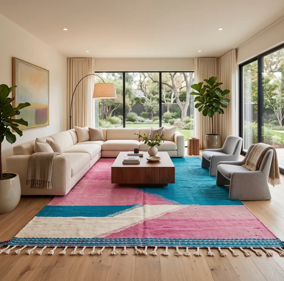 Kilim berbère Tahanaout rose et bleu aux motifs géométriques, vue 4 sur 4