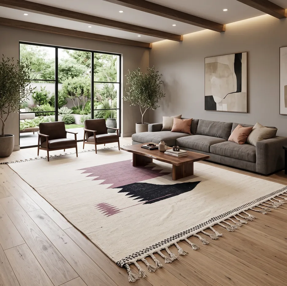 Kilim berbère Taliouine crème et violet aux motifs géométriques, vue 3 sur 4