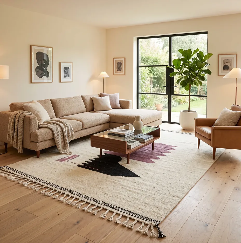 Kilim berbère Taliouine crème et violet aux motifs géométriques, vue 4 sur 4