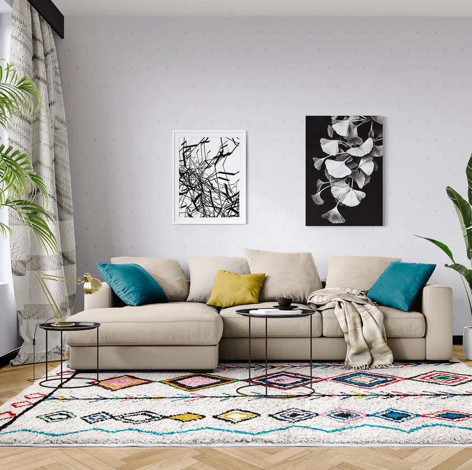 Tapis Azilal Ksiba blanc et bleu aux motifs géométriques, vue 4 sur 7