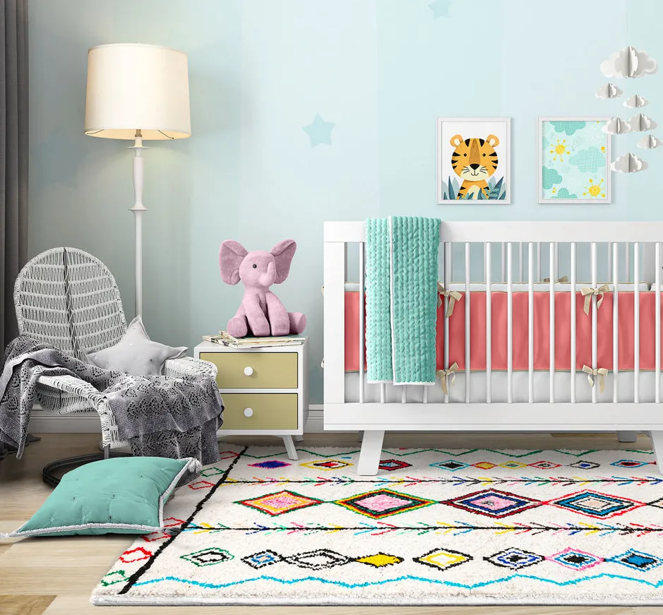 Tapis Azilal Ksiba blanc et bleu aux motifs géométriques, vue 6 sur 7