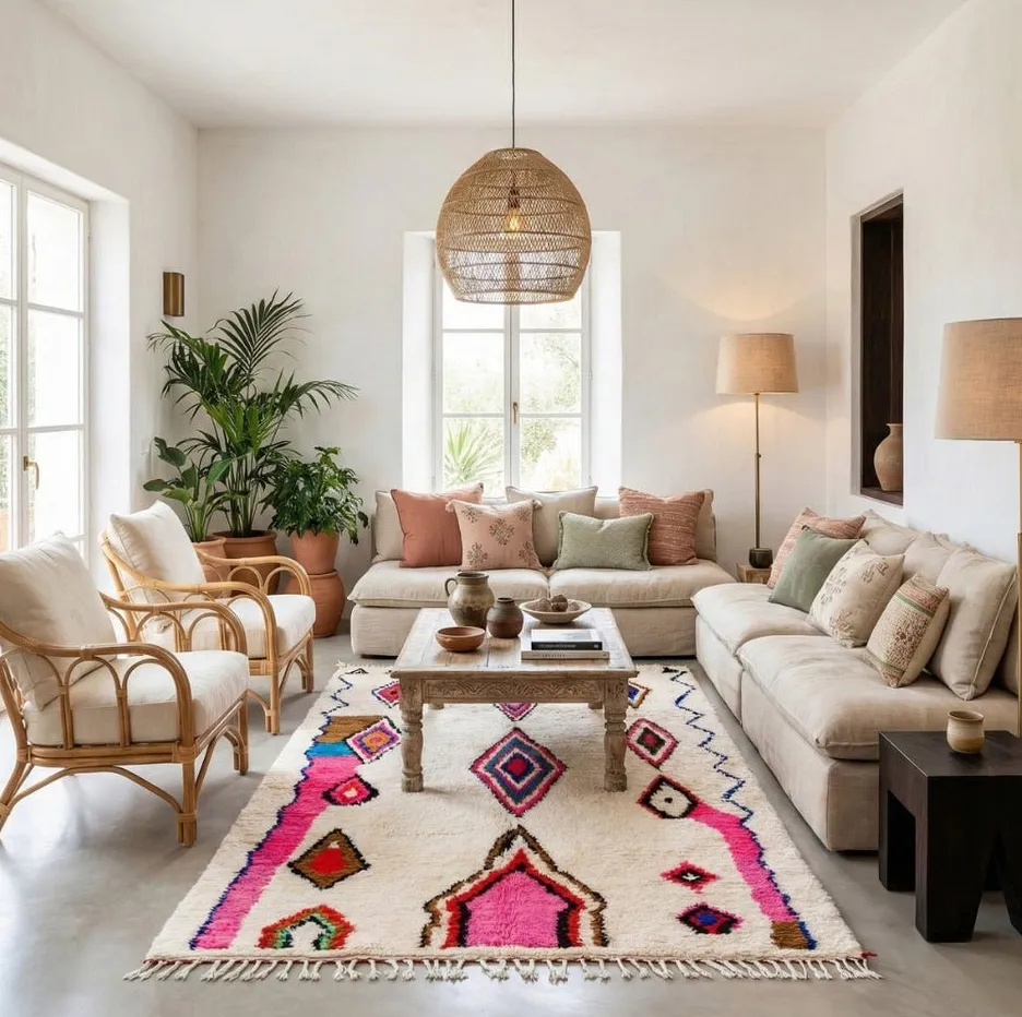Tapis Azilal Tanant beige et bleu, vue 3 sur 6