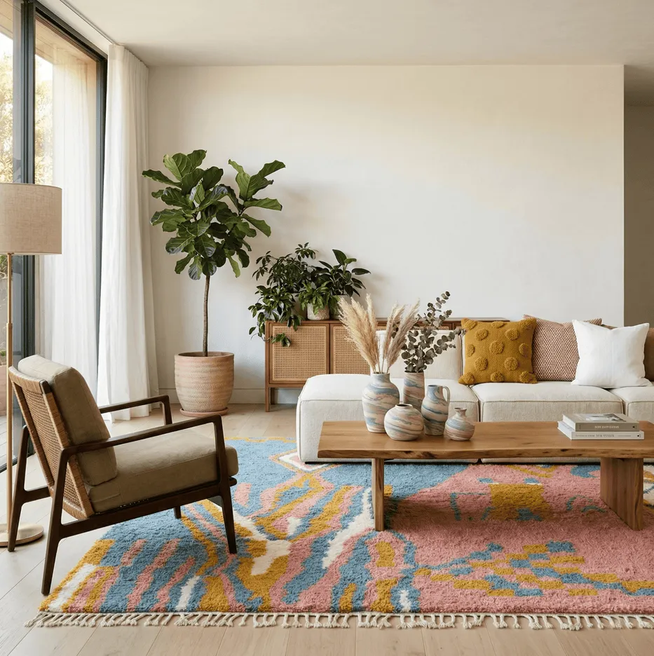 Tapis Beni Ouarain Aguelmous bleu et rose, vue 3 sur 7