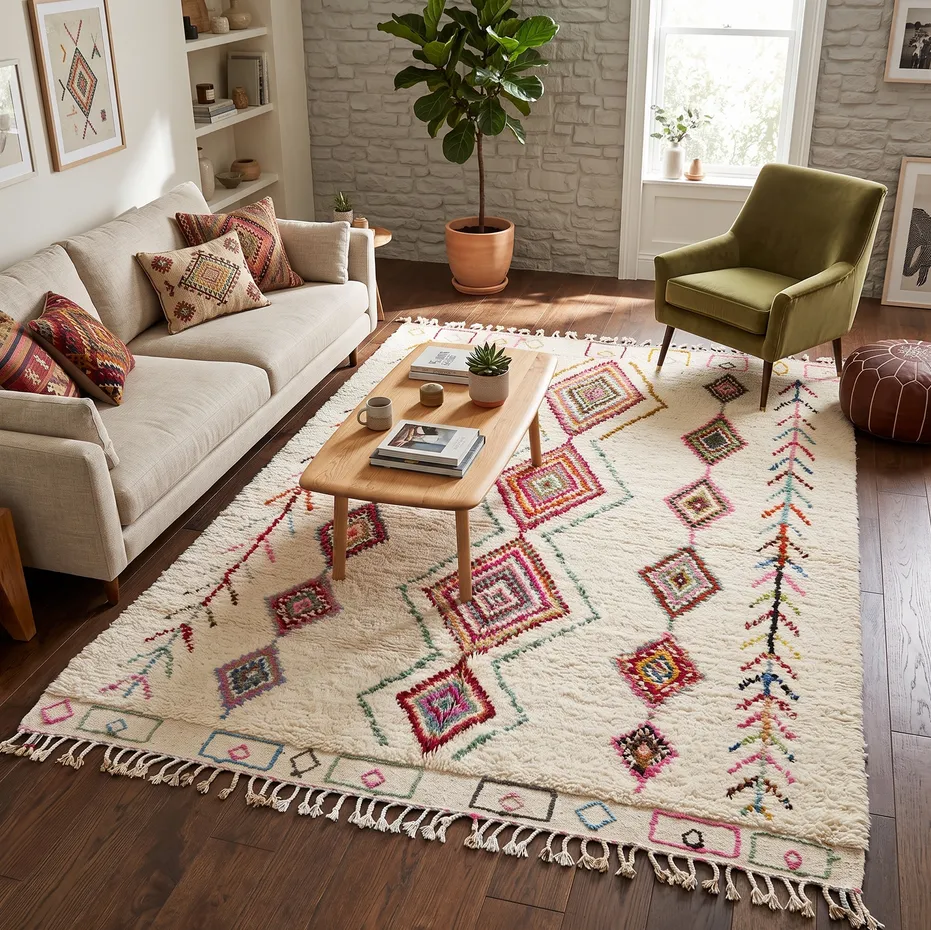 Tapis Beni Ouarain Amnay crème et multicolore à losanges, vue 3 sur 4