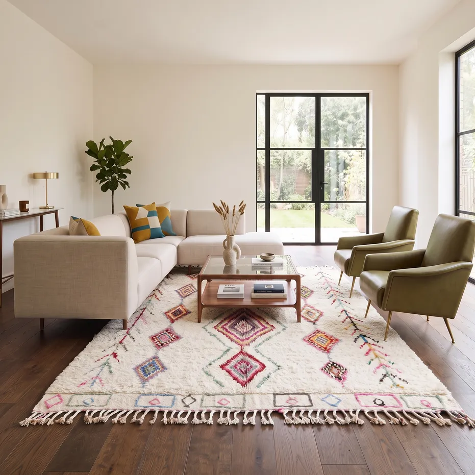 Tapis Beni Ouarain Amnay crème et multicolore à losanges, vue 4 sur 4