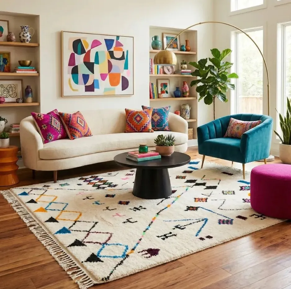 Tapis Beni Ouarain Aoufous beige et blanc, vue 3 sur 6