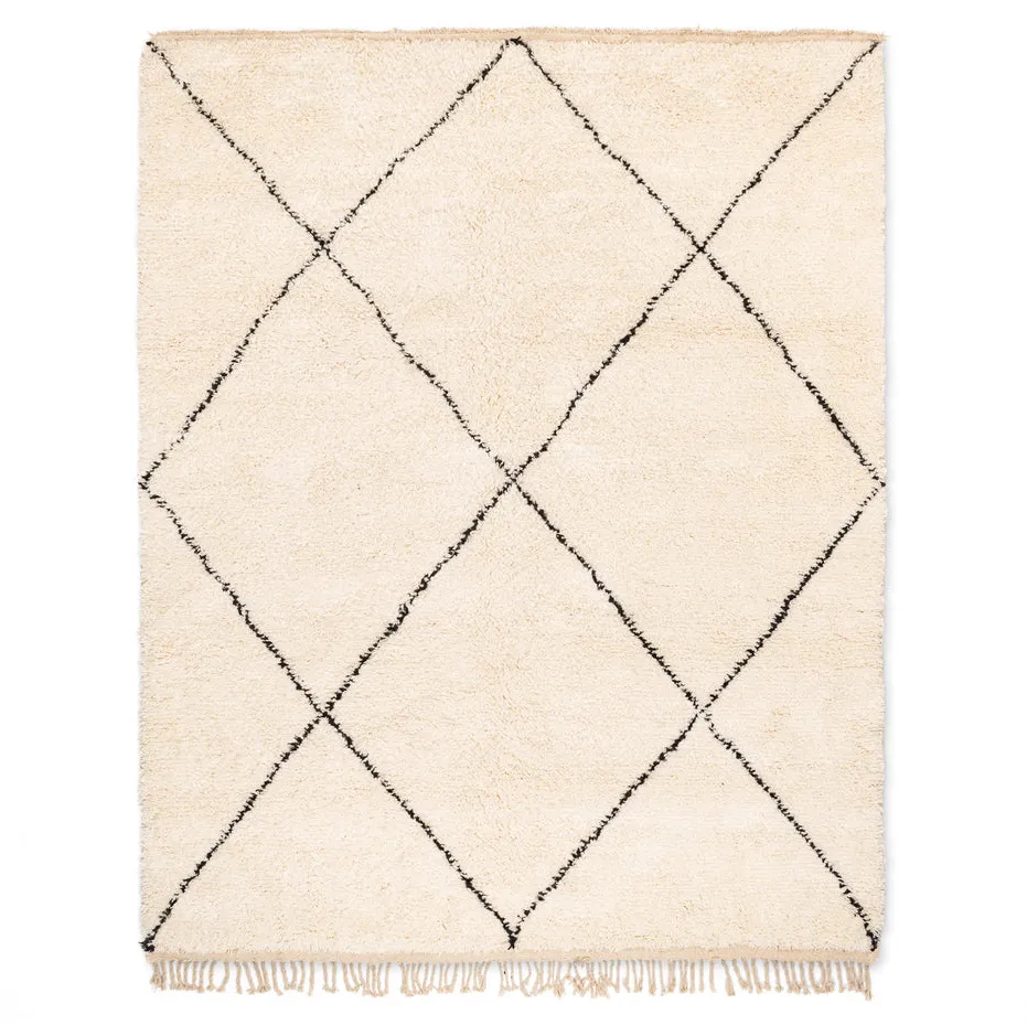 Tapis Beni Ouarain Aoulouz beige et blanc à losanges — tapis beni ouarain tissé à la main