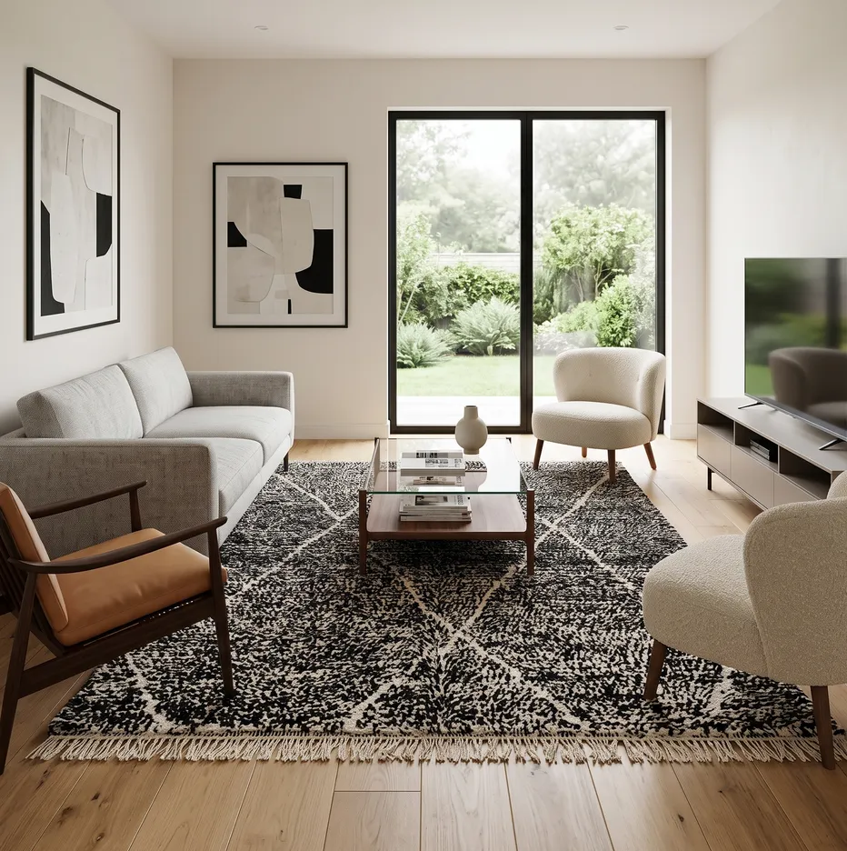 Tapis Beni Ouarain Asilah noir et crème à losanges, vue 3 sur 4
