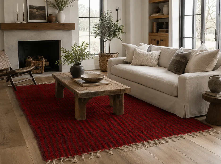Tapis Beni Ouarain Azemmour rouge à rayures, vue 5 sur 7