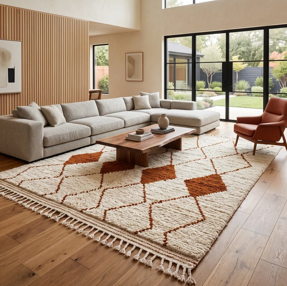 Tapis Beni Ouarain Bhalil crème et terracotta à losanges, vue 4 sur 4
