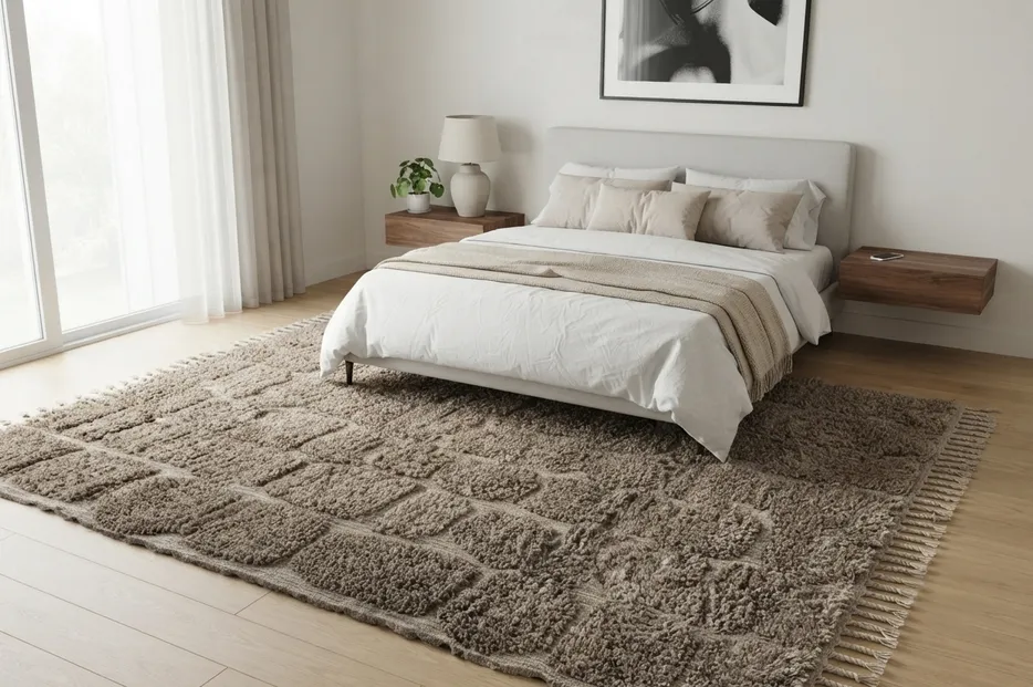 Tapis Beni Ouarain Rommani gris aux motifs géométriques, vue 3 sur 7