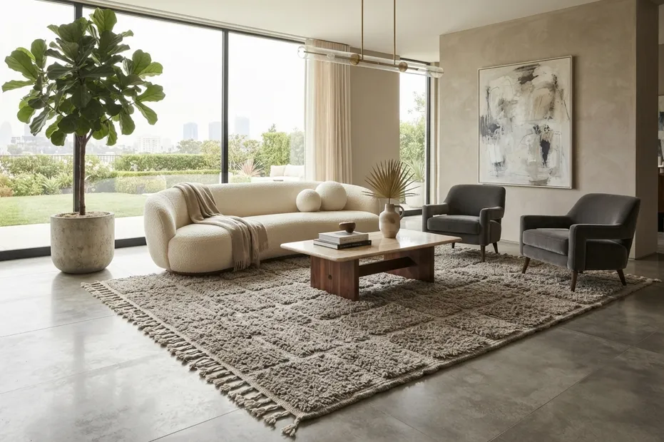 Tapis Beni Ouarain Rommani gris aux motifs géométriques, vue 7 sur 7