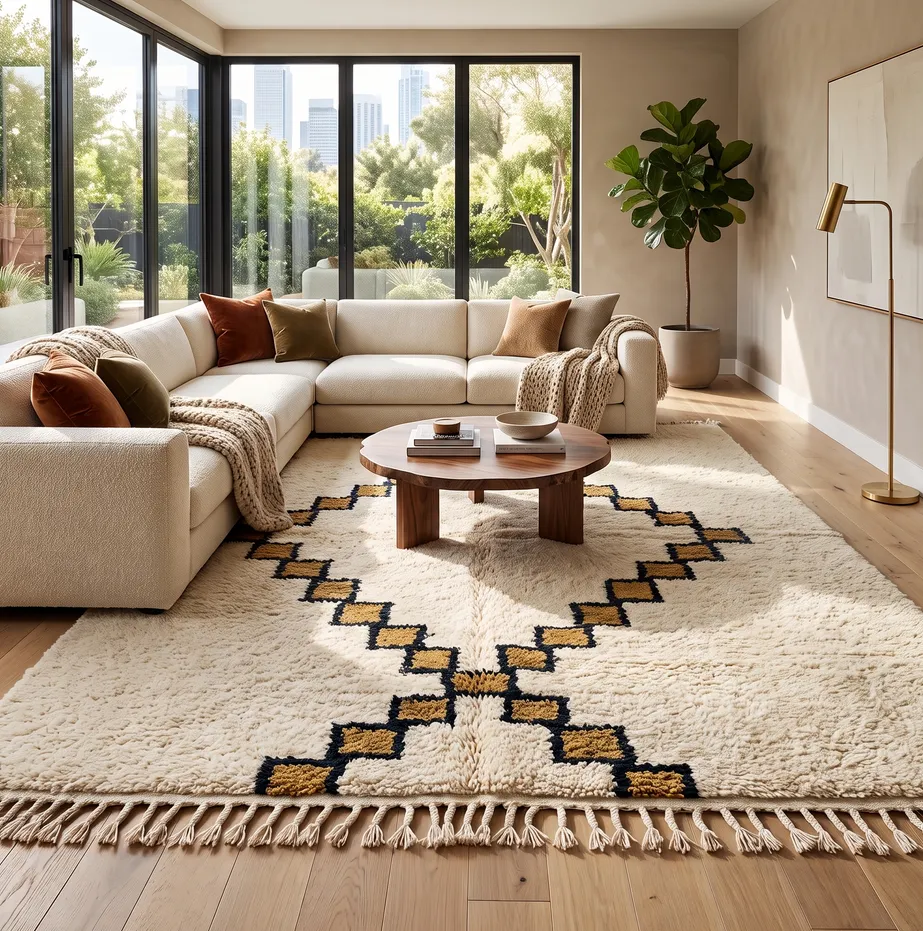 Tapis Beni Ouarain Taghazout beige et noir à losanges, vue 3 sur 4