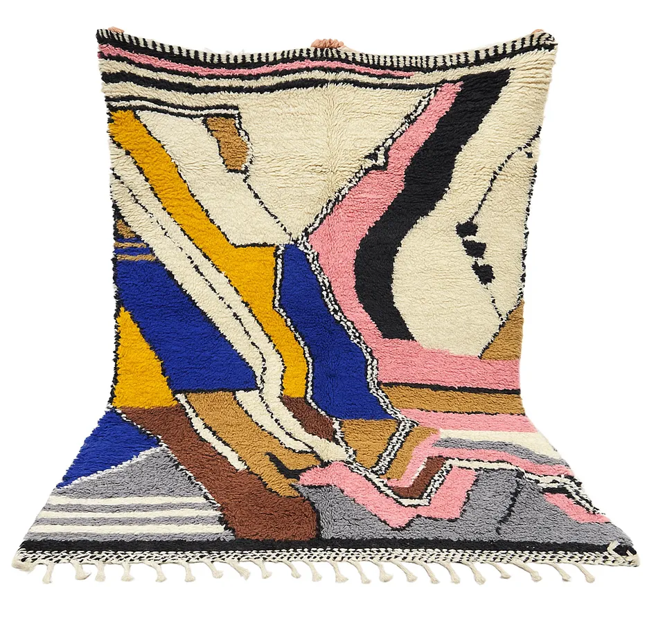 Tapis Beni Ouarain Tazaghart multicolore au dessin abstrait — tapis beni ouarain tissé à la main