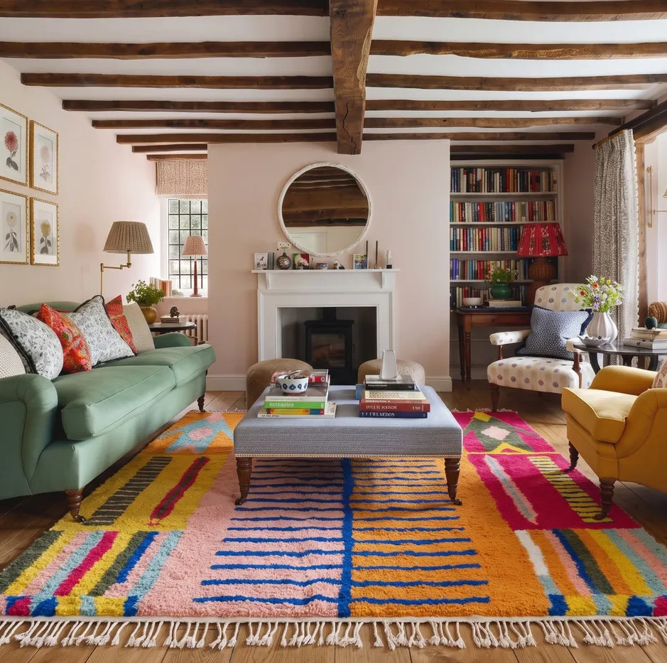 Tapis Beni Ouarain Tiflet orange et rose à rayures, vue 3 sur 7