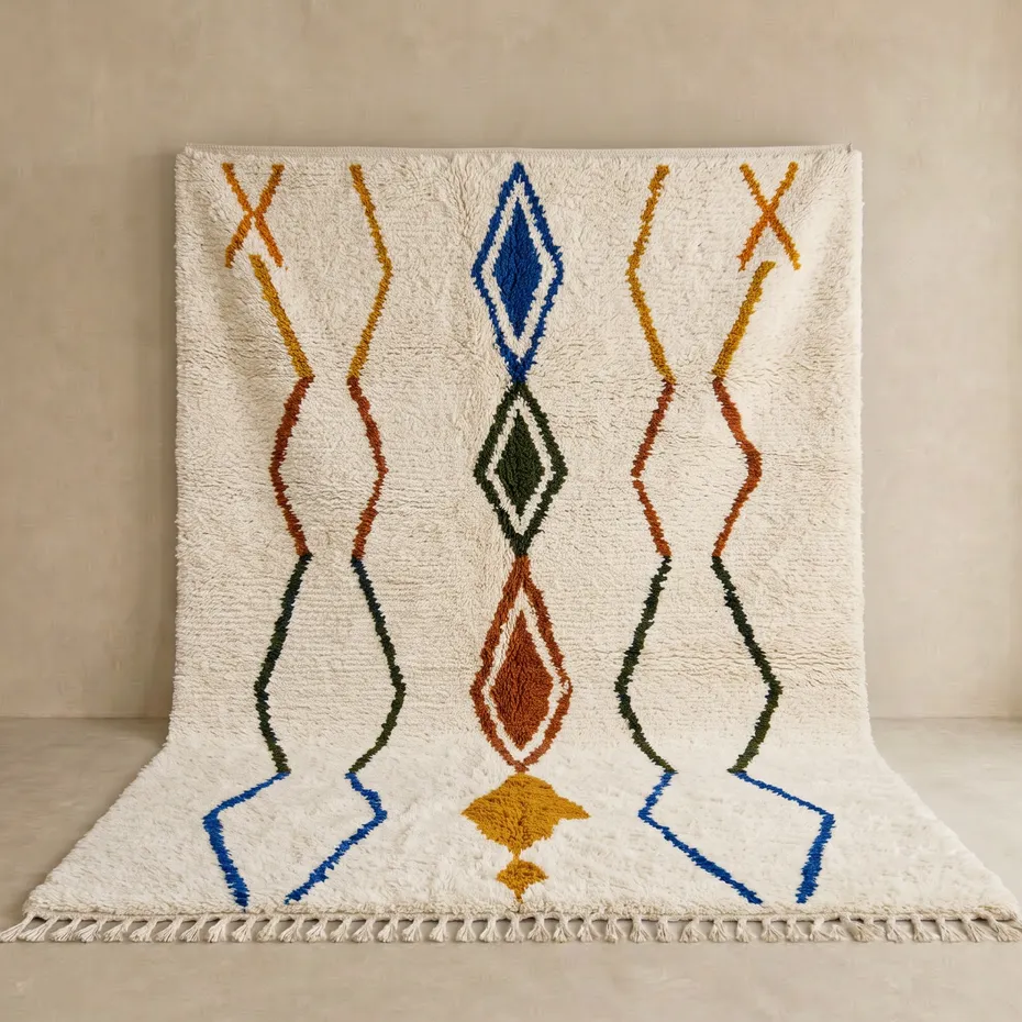 Tapis Beni Ouarain Tounfite crème et multicolore — tapis beni ouarain tissé à la main