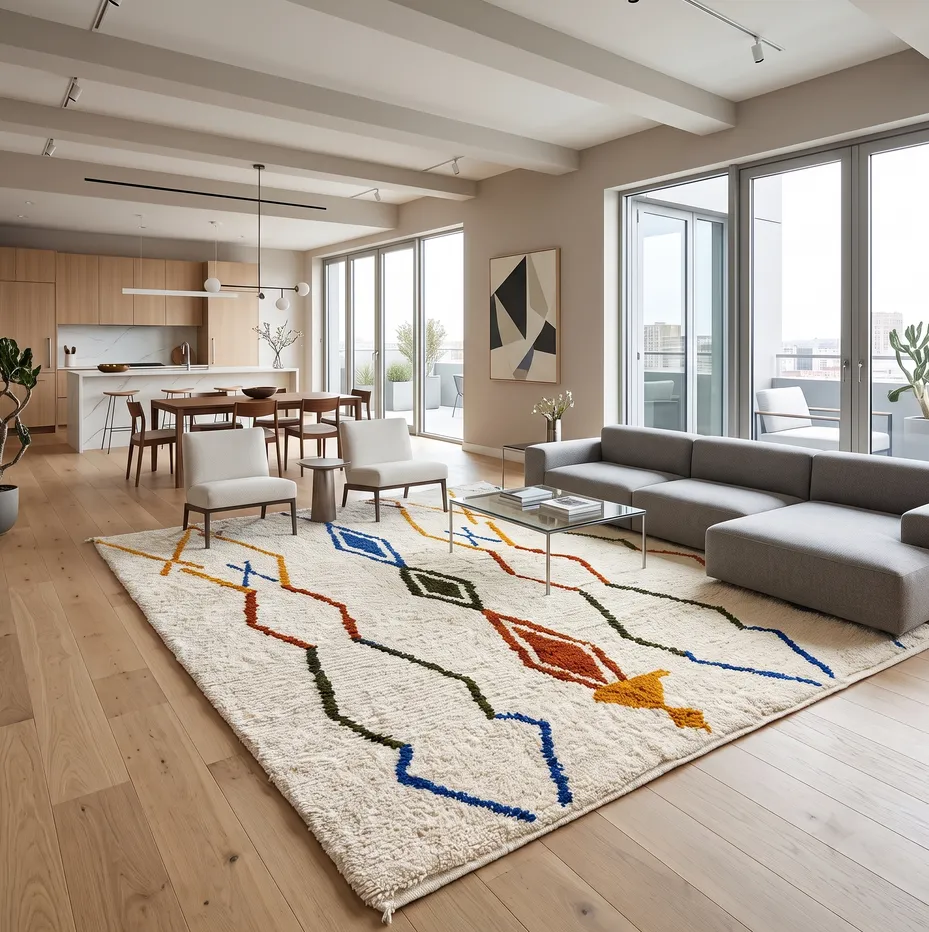 Tapis Beni Ouarain Tounfite crème et multicolore, vue 3 sur 4