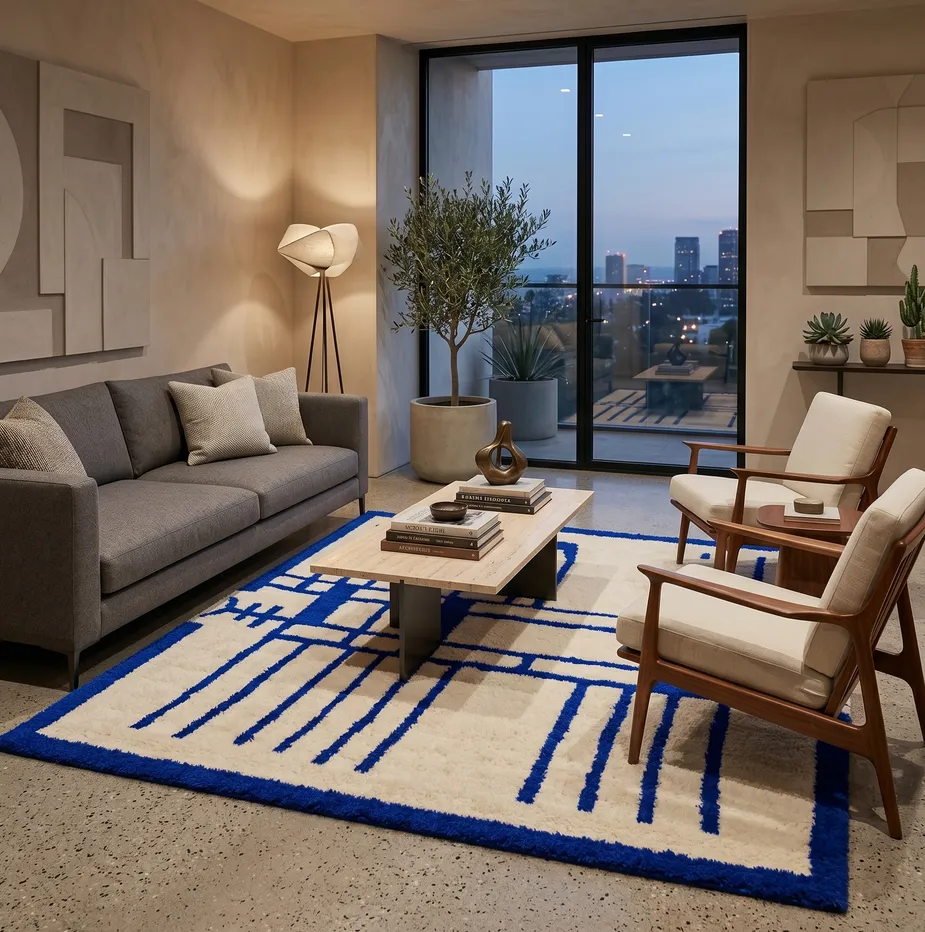 Tapis berbère Afennourir bleu aux motifs géométriques, vue 3 sur 4