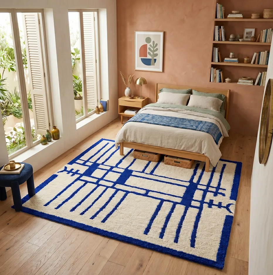 Tapis berbère Afennourir bleu aux motifs géométriques, vue 4 sur 4