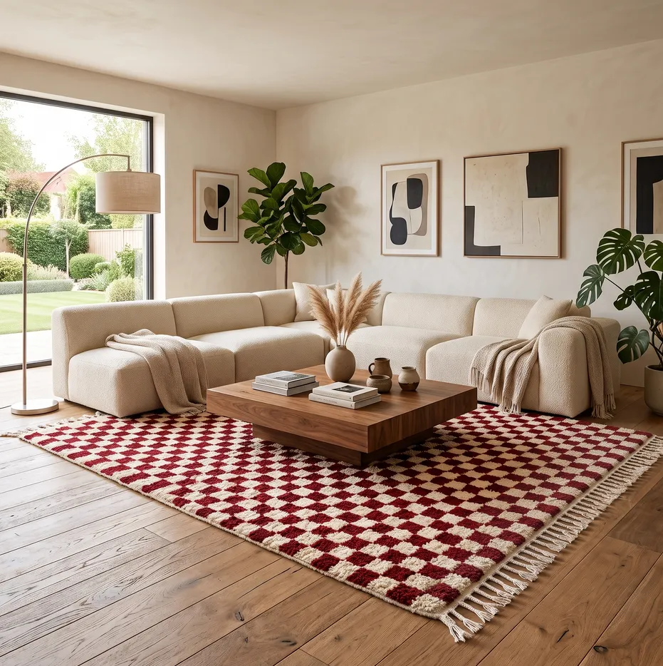 Tapis berbère Aglou rouge et crème à damier, vue 3 sur 4
