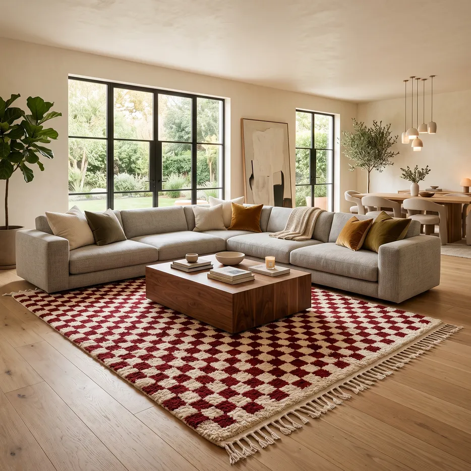 Tapis berbère Aglou rouge et crème à damier, vue 4 sur 4