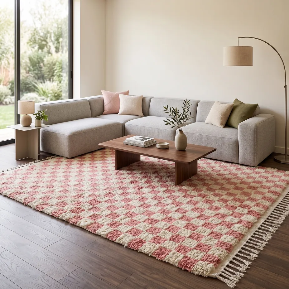 Tapis berbère Aguelmous rose à damier, vue 3 sur 4