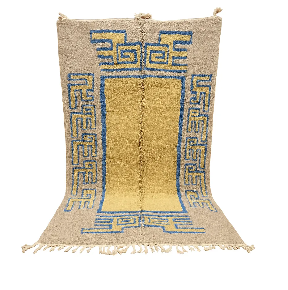 Tapis berbère Ahansal jaune et bleu aux motifs géométriques — tapis berbères contemporains tissé à la main