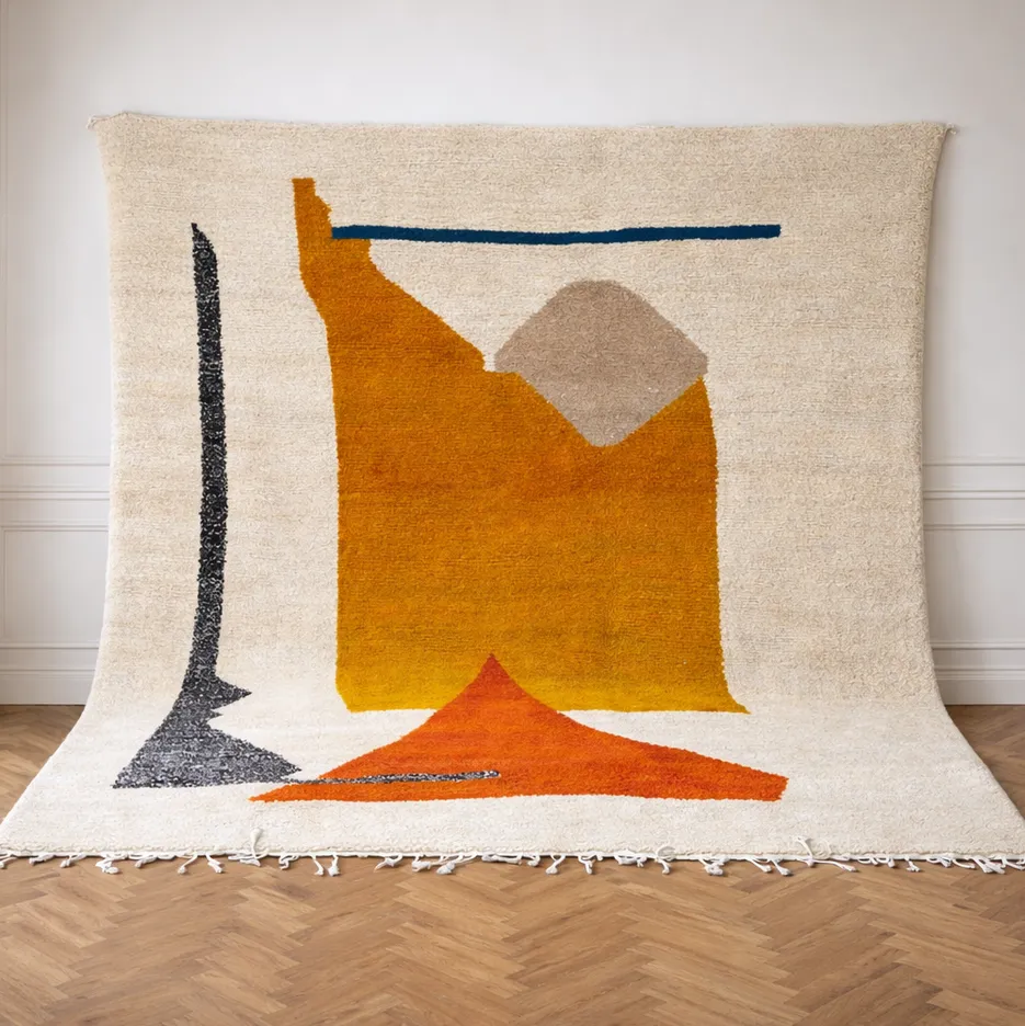 Tapis berbère Aksel moutarde et terracotta aux motifs géométriques — tapis berbères contemporains tissé à la main
