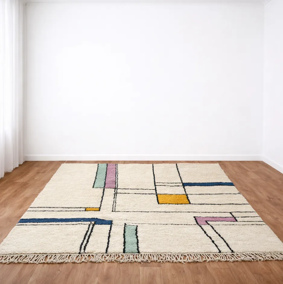 Tapis berbère Amnay multicolore aux motifs géométriques, vue 3 sur 4