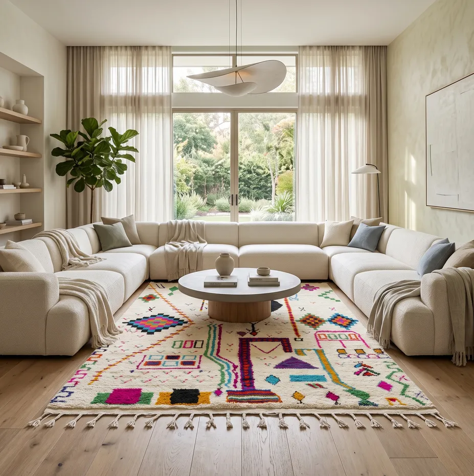 Tapis berbère Anergui multicolore aux motifs géométriques, vue 3 sur 4