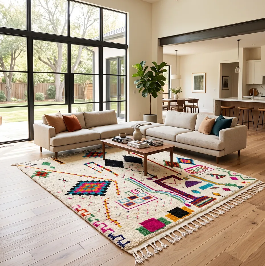 Tapis berbère Anergui multicolore aux motifs géométriques, vue 4 sur 4