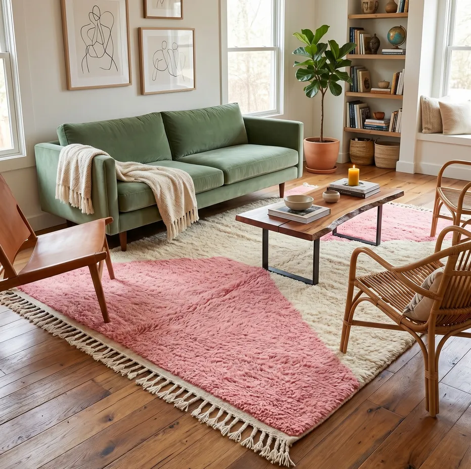 Tapis berbère Anghomar rose et crème, vue 3 sur 4