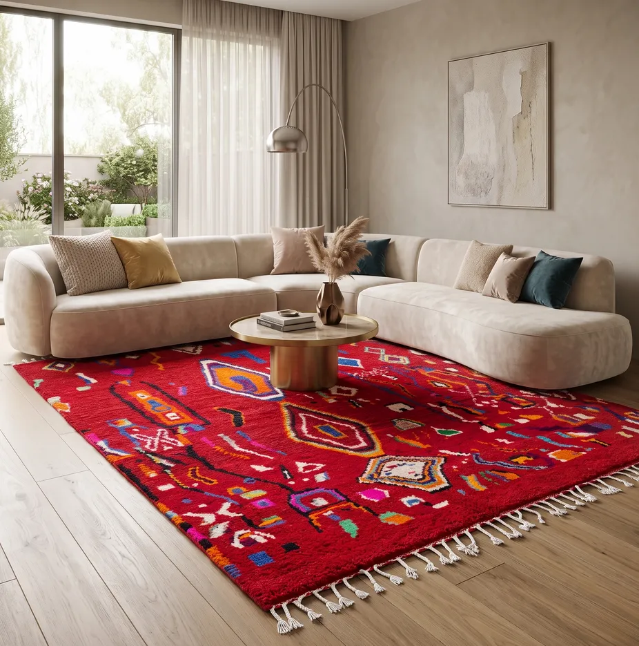 Tapis berbère Anir rouge aux motifs géométriques, vue 3 sur 4