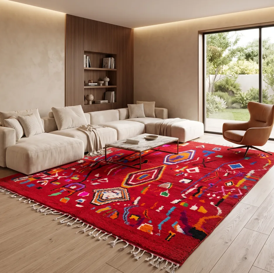Tapis berbère Anir rouge aux motifs géométriques, vue 4 sur 4