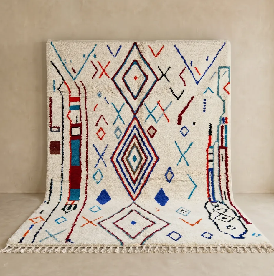 Tapis berbère Aoufous blanc et bleu — tapis berbères contemporains tissé à la main