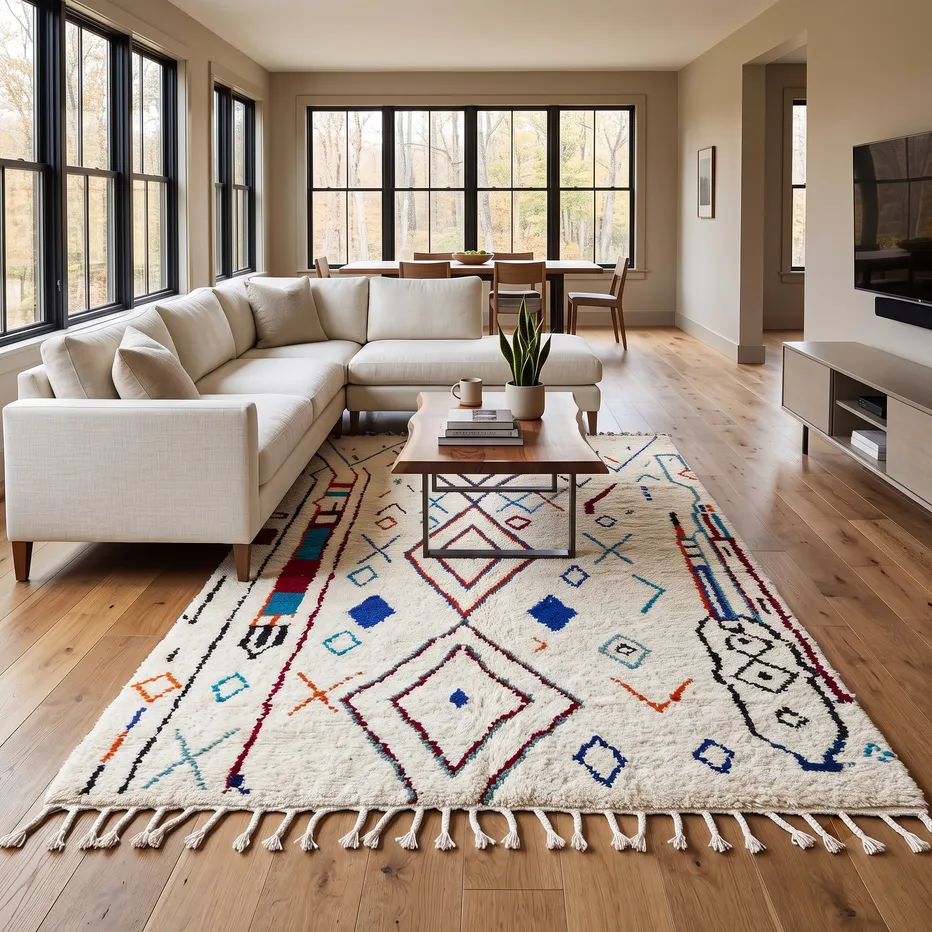 Tapis berbère Aoufous blanc et bleu, vue 3 sur 4