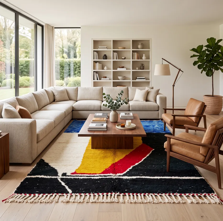 Tapis berbère Aoulouz bleu et jaune, vue 3 sur 4
