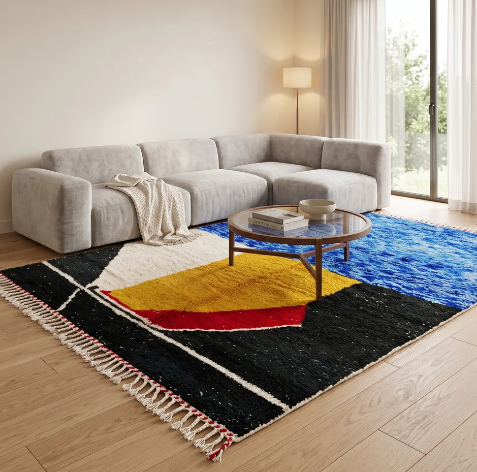Tapis berbère Aoulouz bleu et jaune, vue 4 sur 4
