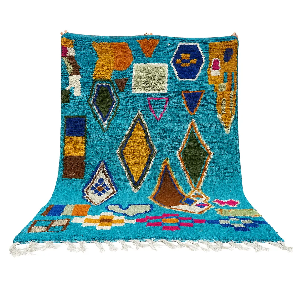 Tapis berbère Asafu bleu et multicolore aux motifs géométriques — tapis berbères contemporains tissé à la main