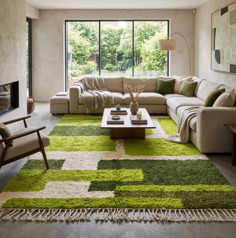 Tapis berbère Asilah vert aux motifs géométriques, vue 3 sur 4