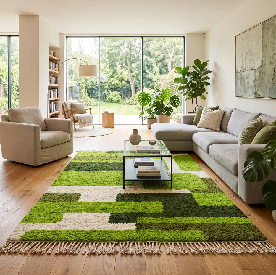 Tapis berbère Asilah vert aux motifs géométriques, vue 4 sur 4