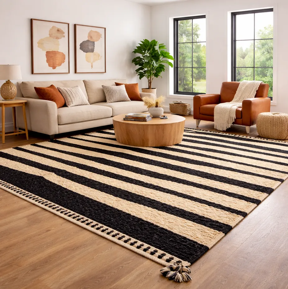 Tapis berbère Ayachi noir et beige à rayures, vue 3 sur 4