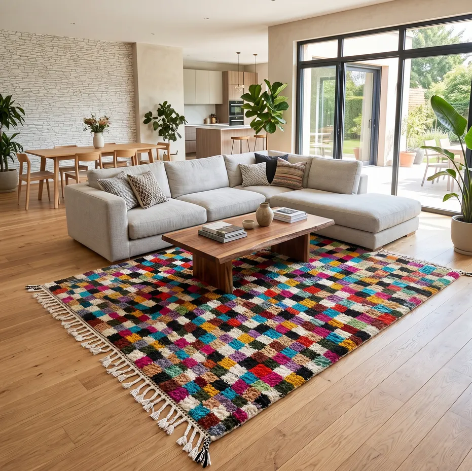 Tapis berbère Azemmour multicolore à damier, vue 3 sur 4