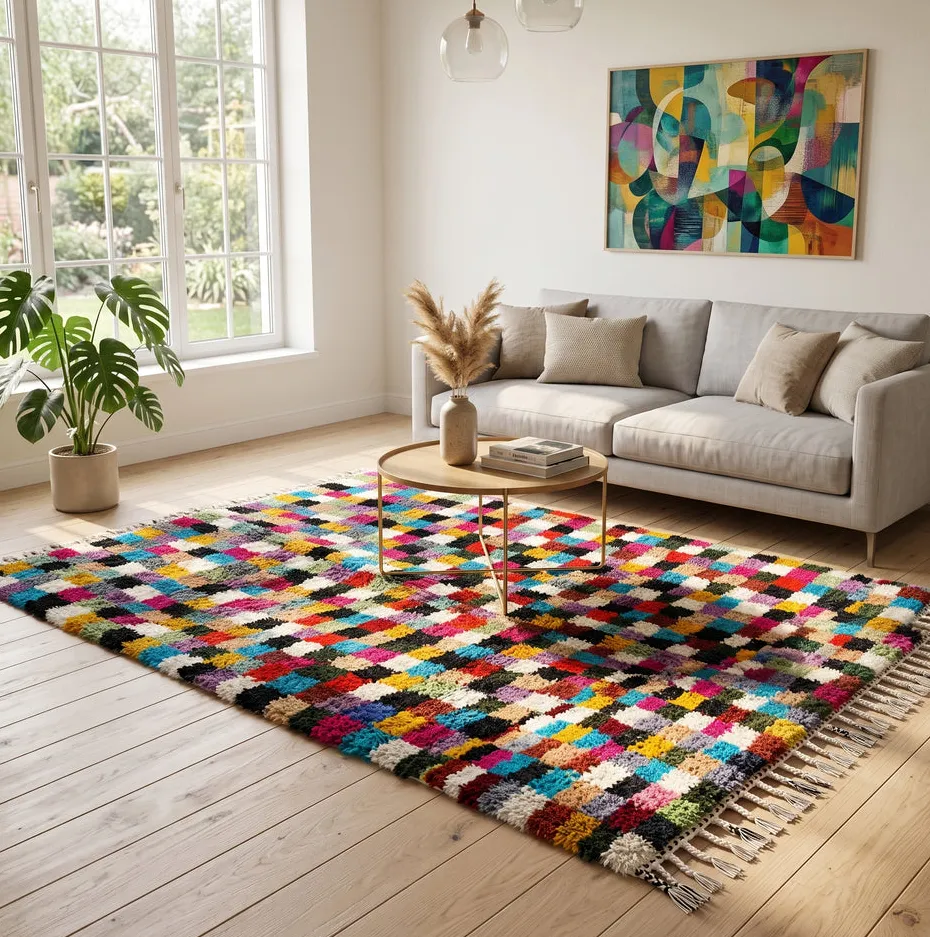 Tapis berbère Azemmour multicolore à damier, vue 4 sur 4